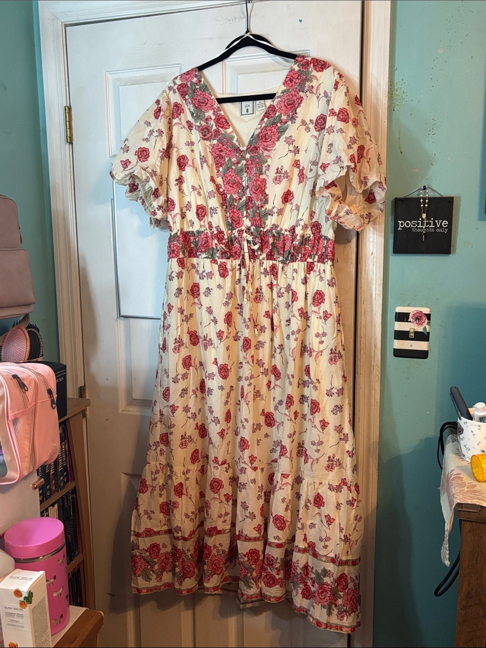 Floral V-Neck Cream Maxi Dress with Pink Rose Print Size 2X